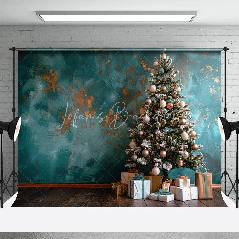 Lofaris Teal Blue Christmas Backdrop Abstract Grunge Wall Gold Ornament Photography Background Modern Holiday Tree Party Decoration