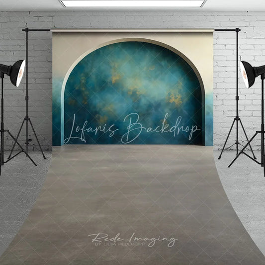 Lofaris Teal Blue Gold Abstract Textured Arched Alcove Sweep Backdrop Modern Grey Floor Photography Background