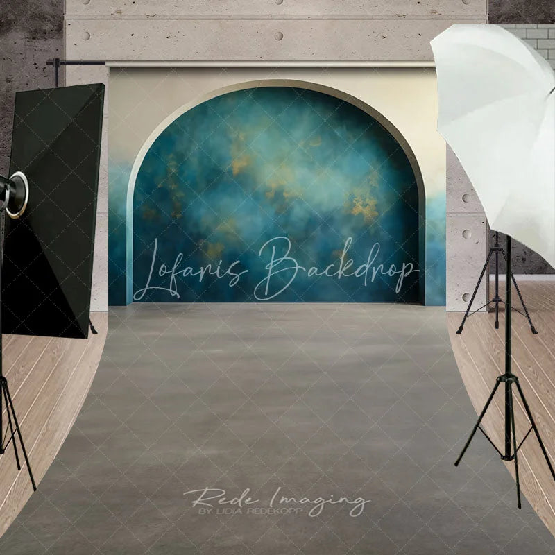 Lofaris Teal Blue Gold Abstract Textured Arched Alcove Sweep Backdrop Modern Grey Floor Photography Background