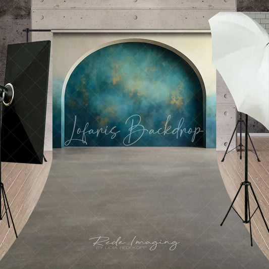 Lofaris Teal Blue Gold Abstract Textured Arched Alcove Sweep Backdrop Modern Grey Floor Photography Background