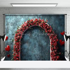 Lofaris Teal Blue Textured Photography Backdrop with Red Floral Arch and Hearts for Romantic Valentines Day Celebrations