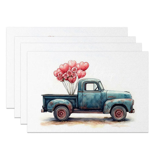 Lofaris Teal Blue Truck Heart Balloon Set of 4 Placemats Rustic Valentine Party Decoration Vintage Love Dining Table Mat