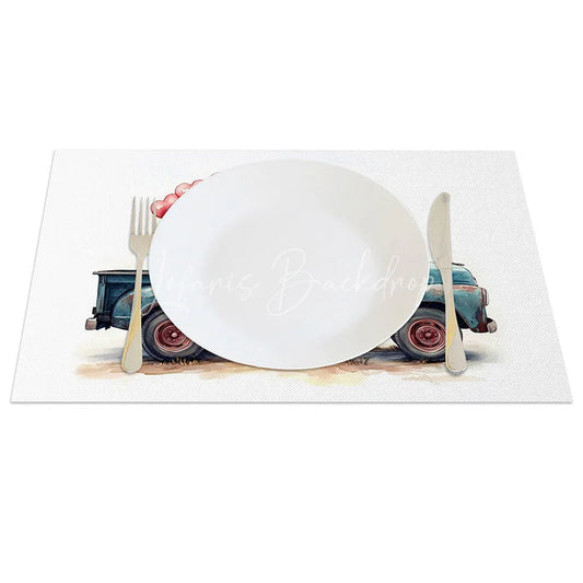 Lofaris Teal Blue Truck Heart Balloon Set of 4 Placemats Rustic Valentine Party Decoration Vintage Love Dining Table Mat