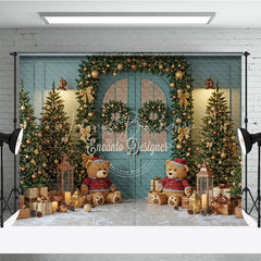 Lofaris Teal Christmas Door Photography Backdrop Teddy Bears in Snow with Gold Garland Holiday Mini Session Background