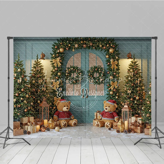 Lofaris Teal Christmas Door Photography Backdrop Teddy Bears in Snow with Gold Garland Holiday Mini Session Background