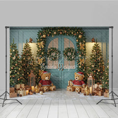 Lofaris Teal Christmas Door Photography Backdrop Teddy Bears in Snow with Gold Garland Holiday Mini Session Background