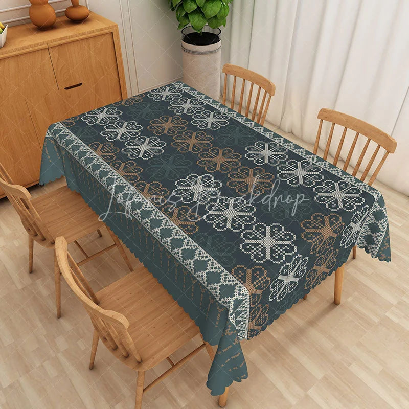 Lofaris Teal Geometric Rectangle Tablecloth Cross Stitch Style Pattern Table Cover Rustic Winter Dining Decor