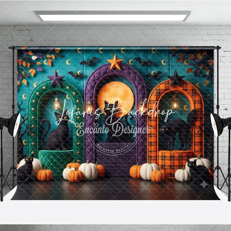 Lofaris Teal Halloween Photography Backdrop with Black Cats Pumpkins Full Moon and Arched Doorways for Fall Party Decor