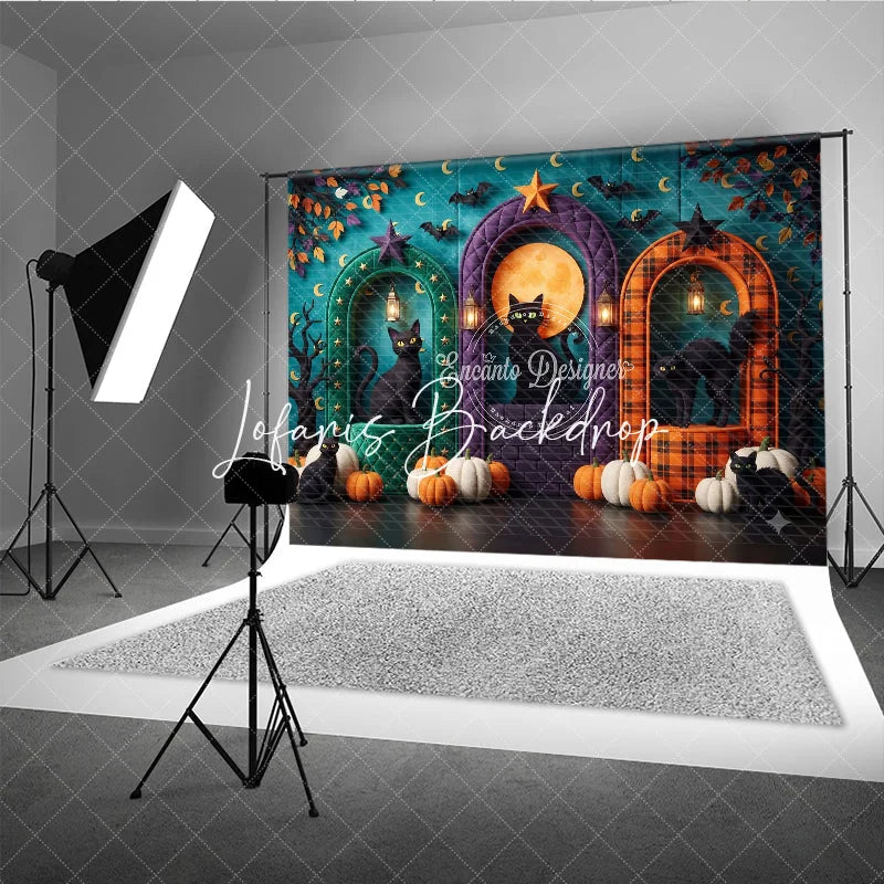 Lofaris Teal Halloween Photography Backdrop with Black Cats Pumpkins Full Moon and Arched Doorways for Fall Party Decor