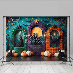 Lofaris Teal Halloween Photography Backdrop with Black Cats Pumpkins Full Moon and Arched Doorways for Fall Party Decor
