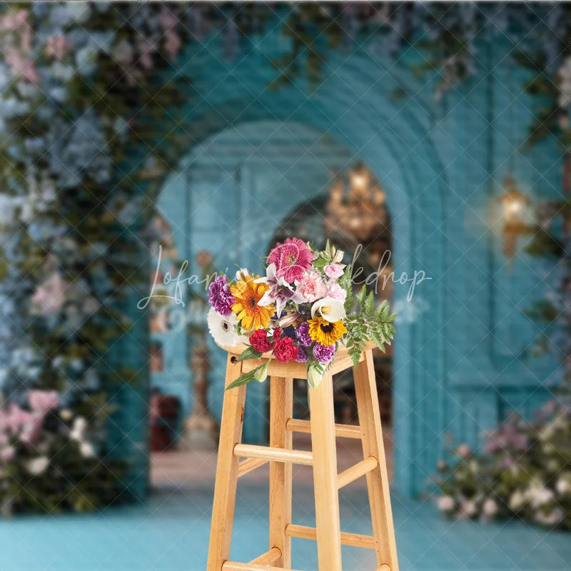 Lofaris Teal Magical Library Photography Backdrop Blue Floral Arch and Bookshelves Fine Art Fairytale Background