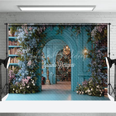 Lofaris Teal Magical Library Photography Backdrop Blue Floral Arch and Bookshelves Fine Art Fairytale Background