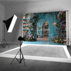 Lofaris Teal Magical Library Photography Backdrop Blue Floral Arch and Bookshelves Fine Art Fairytale Background