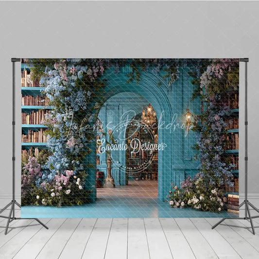 Lofaris Teal Magical Library Photography Backdrop Blue Floral Arch and Bookshelves Fine Art Fairytale Background