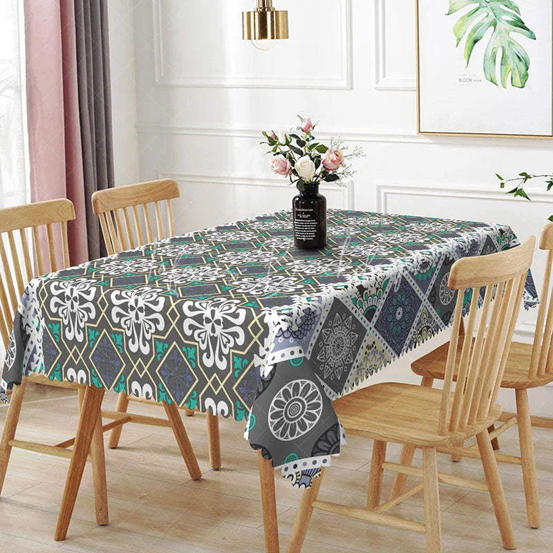 Lofaris Teal Mandala Rectangle Tablecloth Grey Geometric Lace Pattern Dining Table Cover