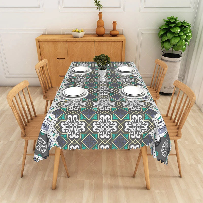 Lofaris Teal Mandala Rectangle Tablecloth Grey Geometric Lace Pattern Dining Table Cover
