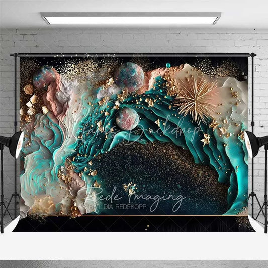 Lofaris Teal Ocean Fluid Art and Floating Pearls Backdrop Gold Dust Photography Background Summer Party Decor