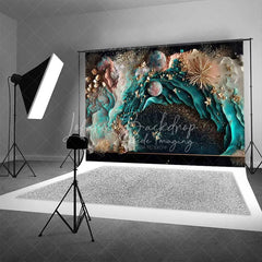 Lofaris Teal Ocean Fluid Art and Floating Pearls Backdrop Gold Dust Photography Background Summer Party Decor