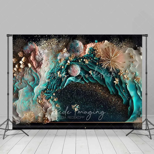 Lofaris Teal Ocean Fluid Art and Floating Pearls Backdrop Gold Dust Photography Background Summer Party Decor