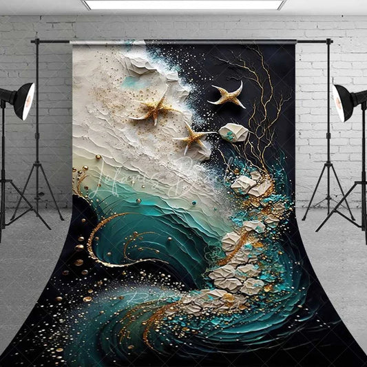 Lofaris Teal Ocean Wave and Golden Starfish Backdrop Gold Coral Branch Abstract Marine Photography Background