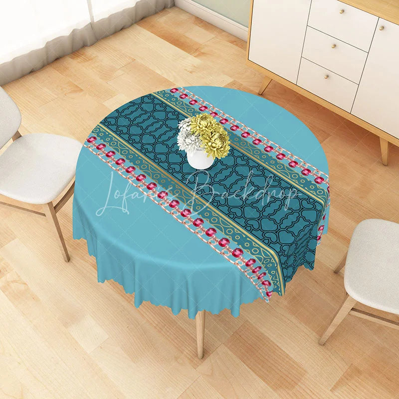 Lofaris Teal Ornate Pattern Round Tablecloth with Pink Gemstone Chain Detail Luxurious Ethnic Style Decor
