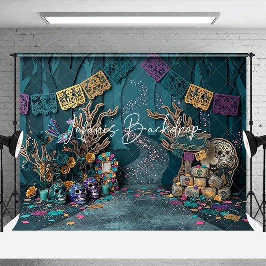 Lofaris Teal Purple Gold Day of the Dead Sugar Skulls Photography Backdrop Mystical Forest Scene with Papel Picado Banners