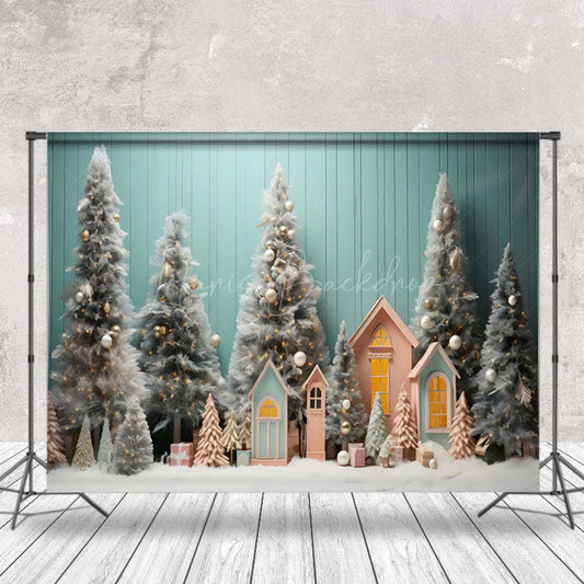 Lofaris Teal Wall Pine Trees House Christmas Photo Backdrop