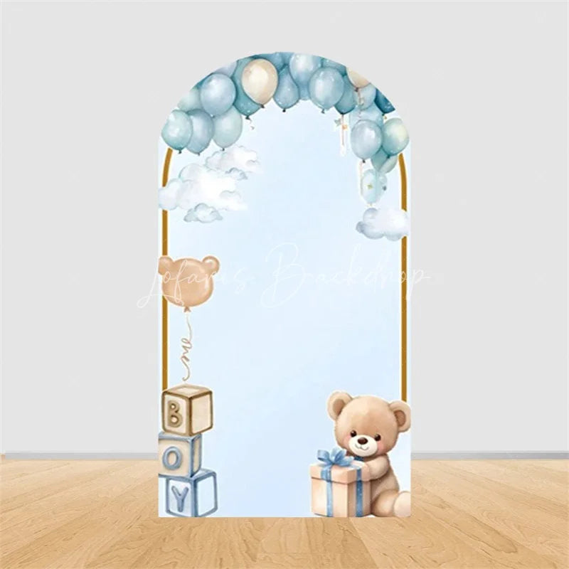 Lofaris Teddy Bear Arch Backdrop Sleeping on Moon Blue Clouds Baby Shower Decor Boy 1st Birthday Prop