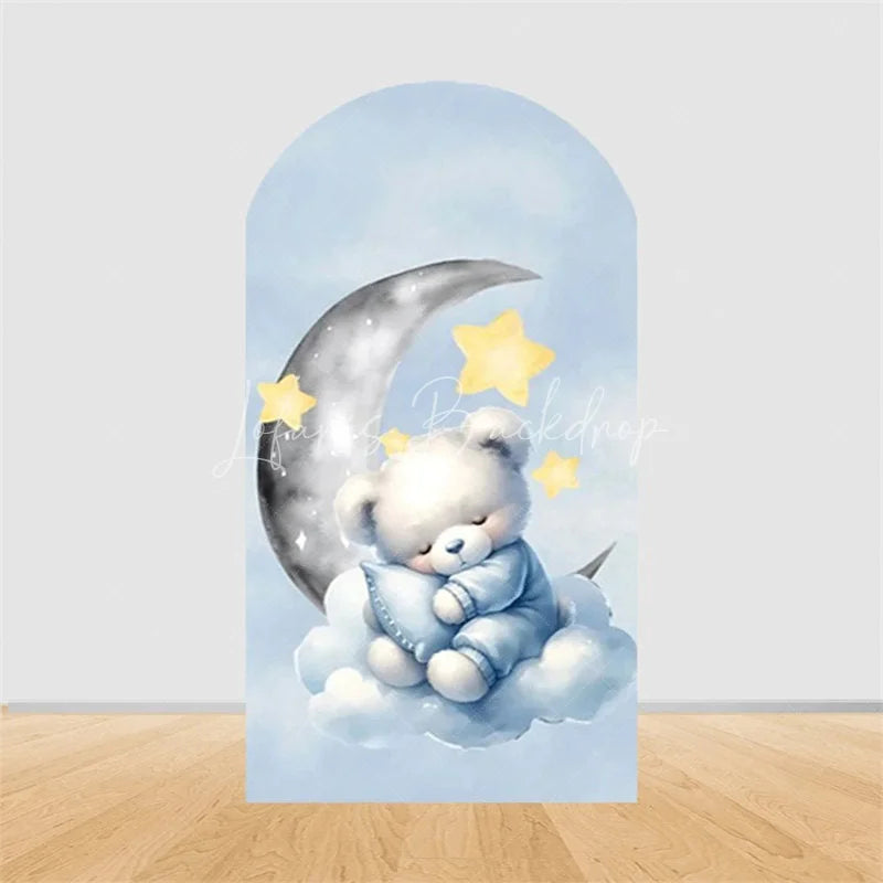 Lofaris Teddy Bear Arch Backdrop Sleeping on Moon Blue Clouds Baby Shower Decor Boy 1st Birthday Prop