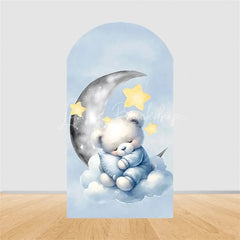 Lofaris Teddy Bear Arch Backdrop Sleeping on Moon Blue Clouds Baby Shower Decor Boy 1st Birthday Prop
