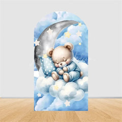 Lofaris Teddy Bear Arch Backdrop Sleeping on Moon Blue Clouds Baby Shower Decor Boy 1st Birthday Prop