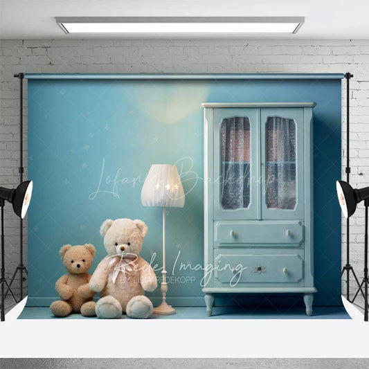 Lofaris Teddy Bear Cake Smash Photography Backdrop Blue Nursery Room with Armoire Boys First Birthday Studio Photo Prop