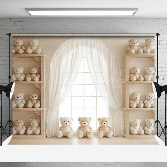 Lofaris Teddy Bear Cake Smash Photography Backdrop Vintage Nursery with Bookshelves We Can Bearly Wait Photo Prop Decor
