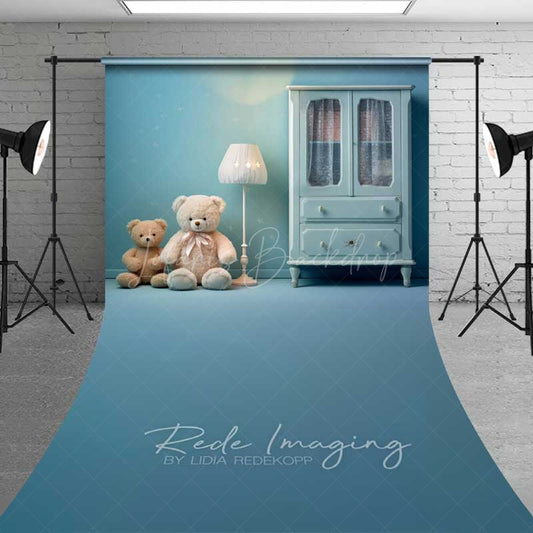 Lofaris Teddy Bear Cake Smash Sweep Photography Backdrop Blue Nursery with Floor Space Boys First Birthday Studio Photo Prop