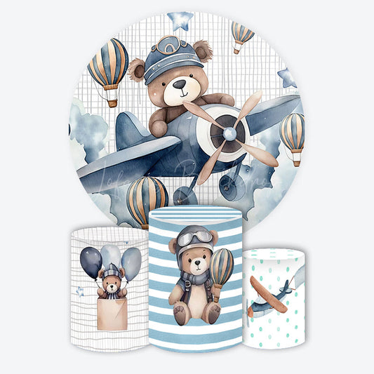 Lofaris Teddy Bear Pilot Cartoon Round Birthday Backdrop Kit