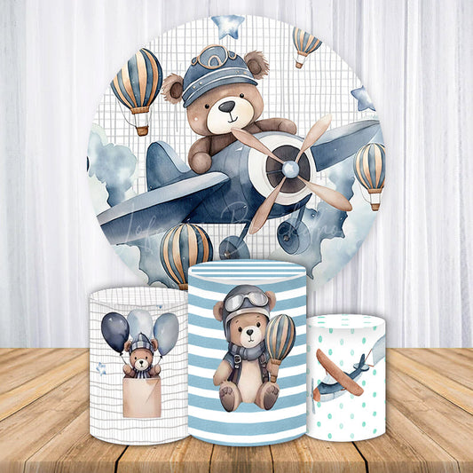 Lofaris Teddy Bear Pilot Cartoon Round Birthday Backdrop Kit