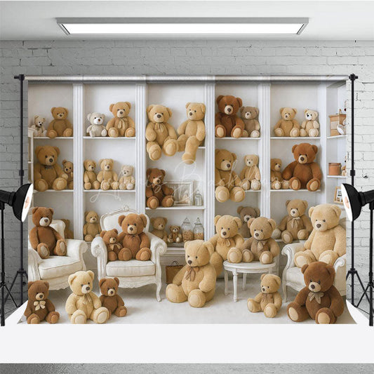 Lofaris Teddy Bear Room Photography Backdrop Nursery Bookshelf Full of Bears We Can Bearly Wait Baby Shower Cake Smash