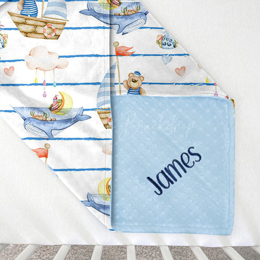 Lofaris Teddy Bear Sailing Whales Minky Baby Blanket For Boys