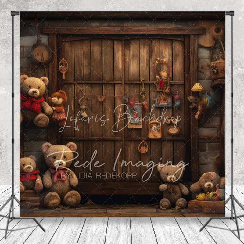 Lofaris Teddy Bear Toy Shop Room Set Backdrop Rustic Wooden Shelf Background for Kids Photography