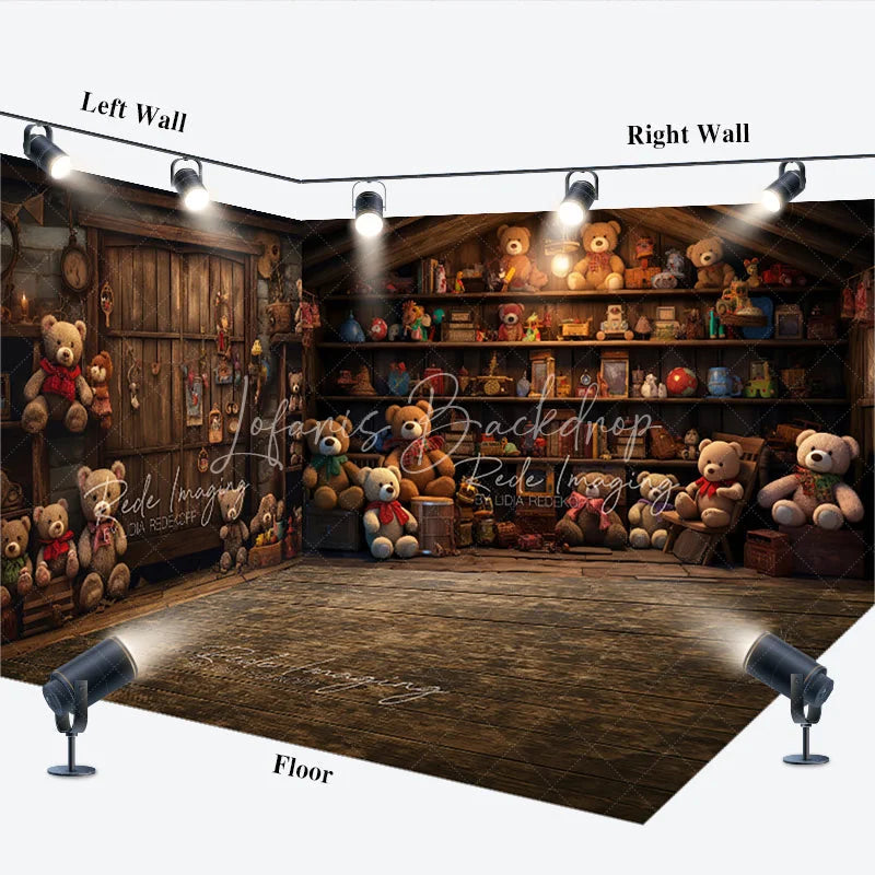 Lofaris Teddy Bear Toy Shop Room Set Backdrop Rustic Wooden Shelf Background for Kids Photography