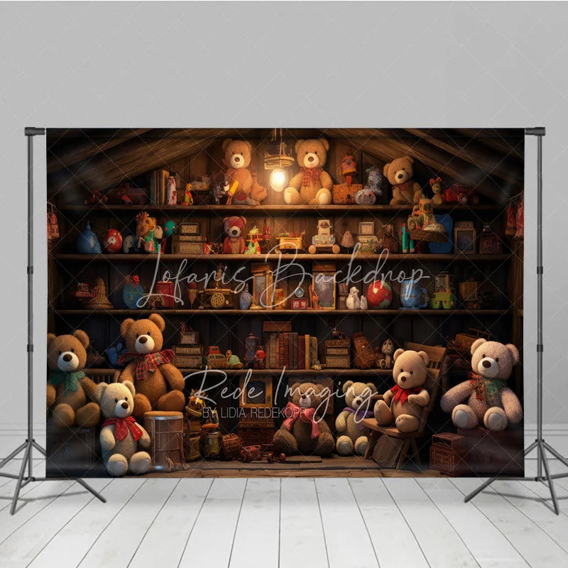 Lofaris Teddy Bear Toy Shop Room Set Backdrop Rustic Wooden Shelf Background for Kids Photography