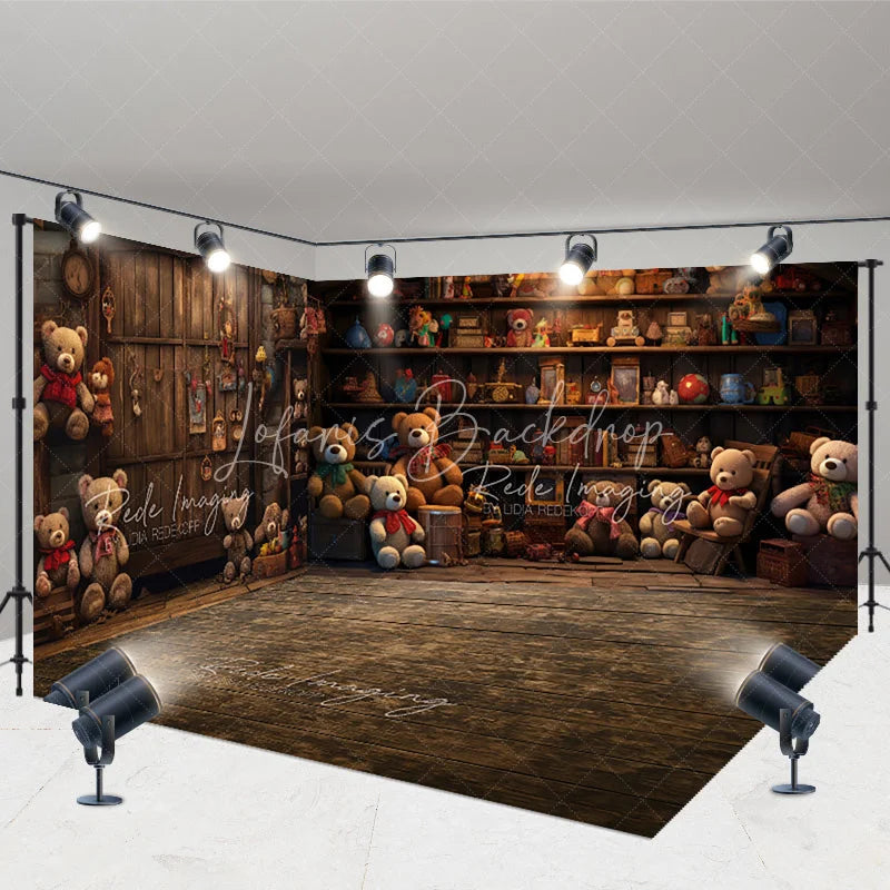 Lofaris Teddy Bear Toy Shop Room Set Backdrop Rustic Wooden Shelf Background for Kids Photography