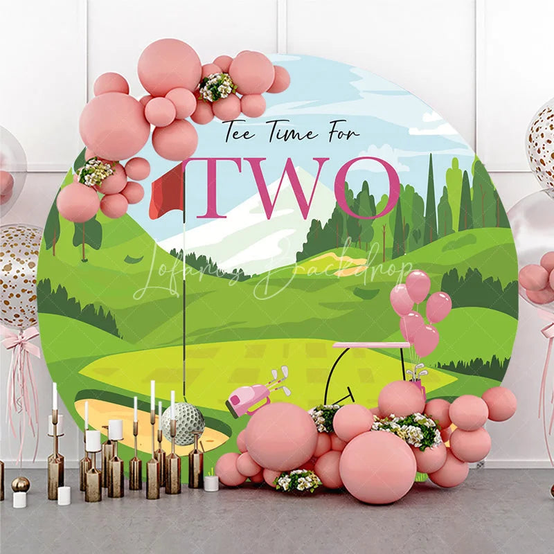 Lofaris Tee Time for TWO Golf 2nd Birthday Round Backdrop Pink Cart and Green Course Girl Party Decor