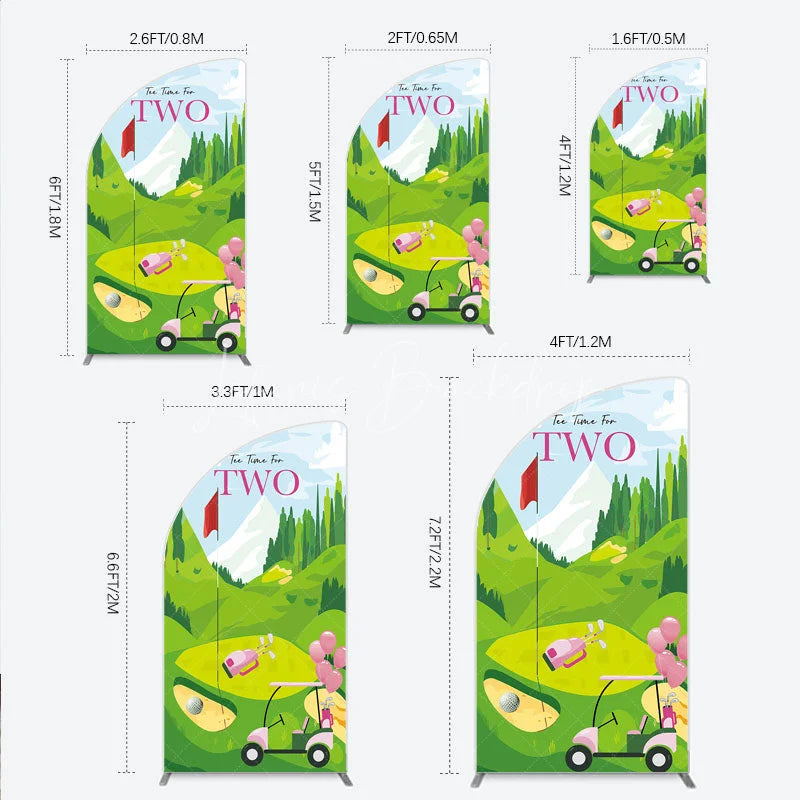 Lofaris Tee Time For Two Golf Birthday Half Moon Arch Backdrop Pink Cart and Mountain Landscape Girls 2nd