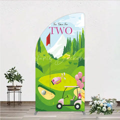 Lofaris Tee Time For Two Golf Birthday Half Moon Arch Backdrop Pink Cart and Mountain Landscape Girls 2nd