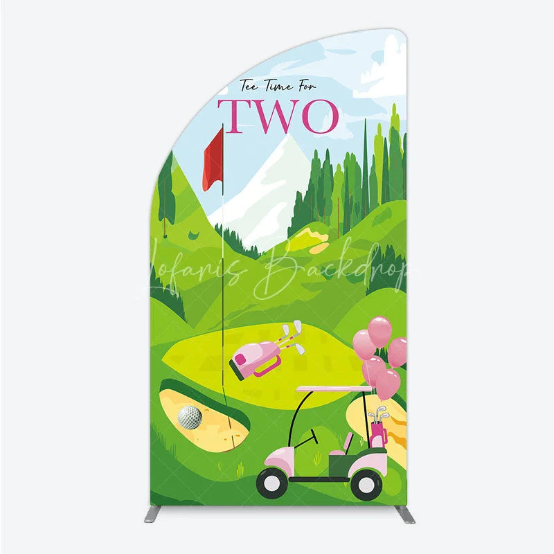 Lofaris Tee Time For Two Golf Birthday Half Moon Arch Backdrop Pink Cart and Mountain Landscape Girls 2nd