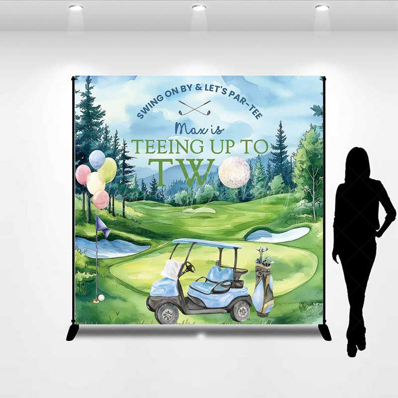 Lofaris Teeing Up to Two Birthday Backdrop Custom Name Boys Blue Golf Cart Swing on By and Let’s Par tee Banner