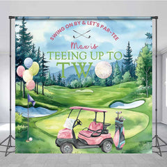 Lofaris Teeing Up to Two Birthday Backdrop Custom Name Girls Pink Golf Cart Swing on By and Let’s Par tee Banner