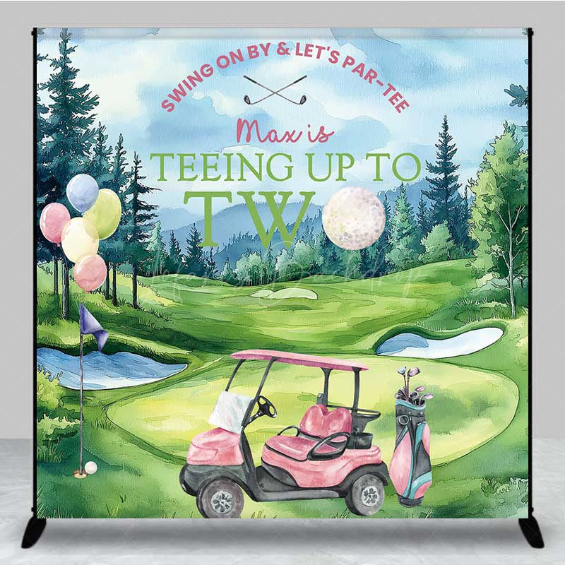 Lofaris Teeing Up to Two Birthday Backdrop Custom Name Girls Pink Golf Cart Swing on By and Let’s Par tee Banner