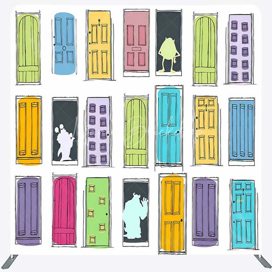 Lofaris Tension Fabric Backdrop Cartoon Colorful Doors Monster World Adventure Kids Birthday Background
